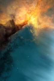 AI科幻治愈短剧《星际茶馆》封面，宇宙背景下的中式茶馆与各星球旅客