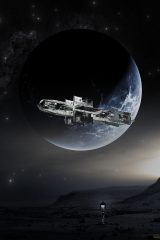 AI科幻短剧《她来自星际》封面，星空背景下的AI生成女性角色与飞船